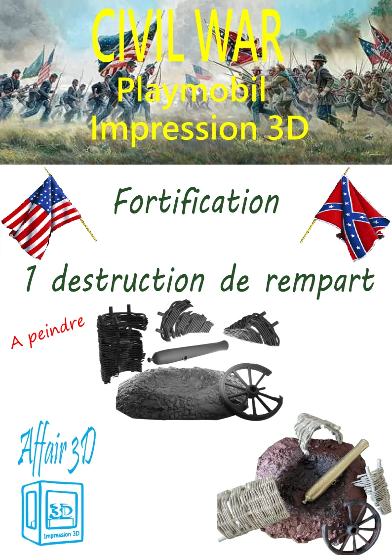 Custom Playmobil ACW en 3D - 1 fortification détruite - rempart - redoute