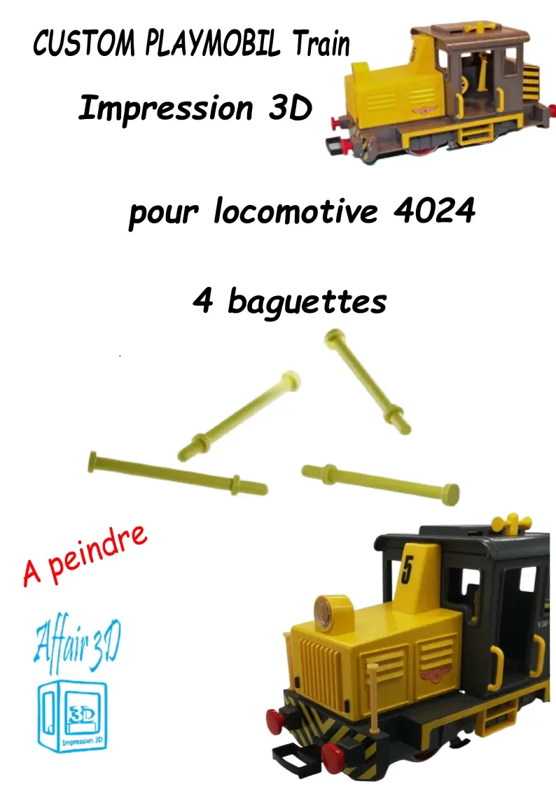 Custom compatible Playmobil train en 3D - 4024 - 4 baguettes jaune à peindre