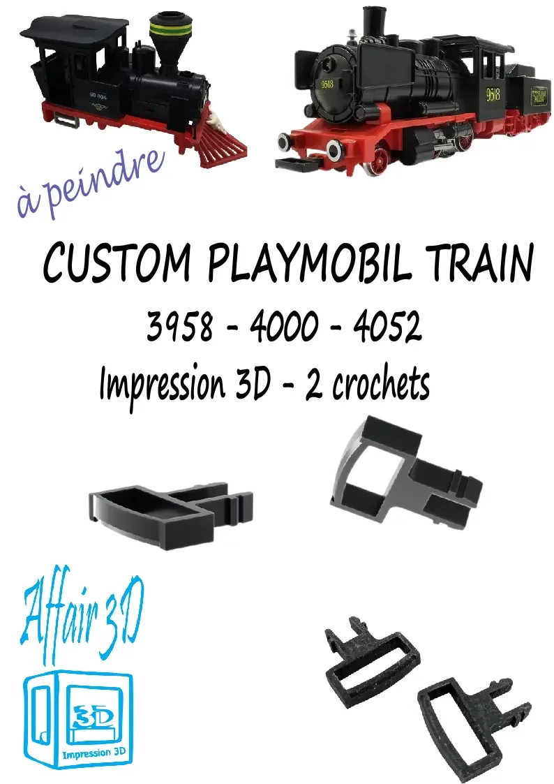 Custom compatible Playmobil train 3D 3958 / 4000 / 4052 - 2 crochets attelage