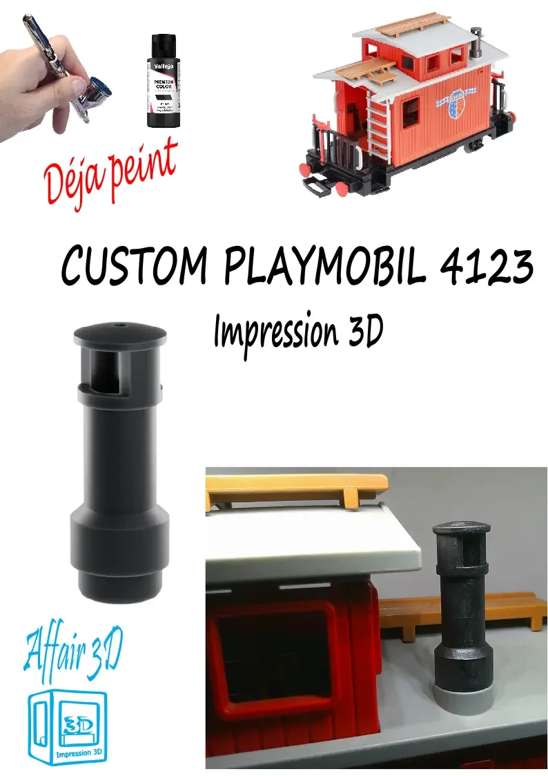 Custom compatible Playmobil train 3D - wagon 4123 - 1 cheminée déja peinte
